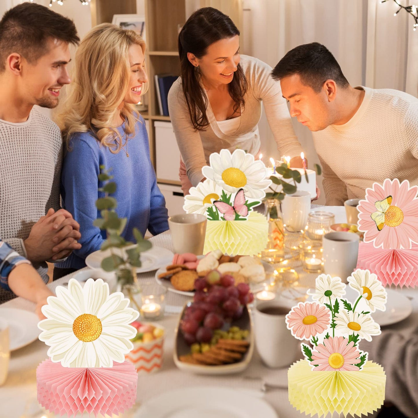 Hotop 9 Pcs Daisy Honeycomb Centerpieces – Pink Birthday Party Decor