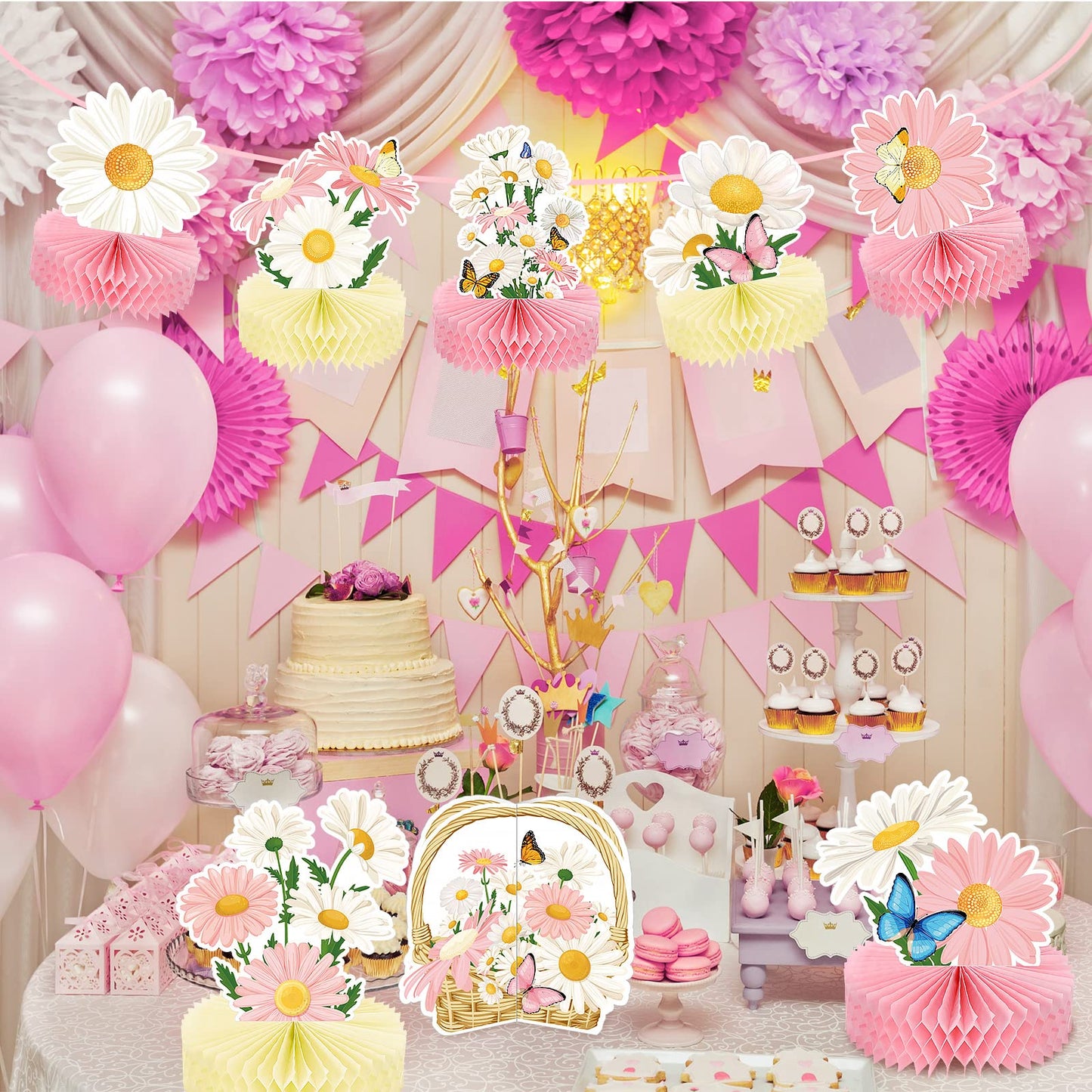 Hotop 9 Pcs Daisy Honeycomb Centerpieces – Pink Birthday Party Decor