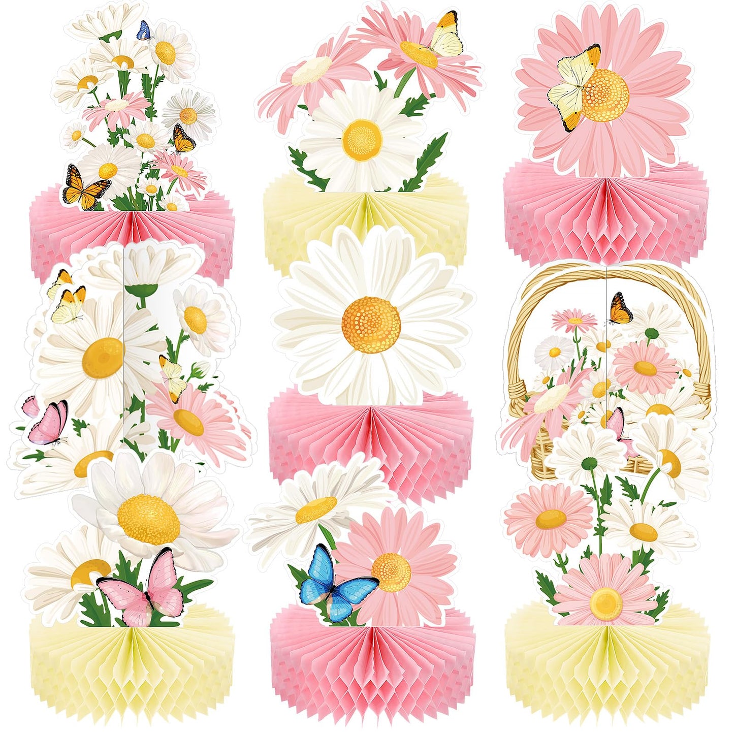 Hotop 9 Pcs Daisy Honeycomb Centerpieces – Pink Birthday Party Decor