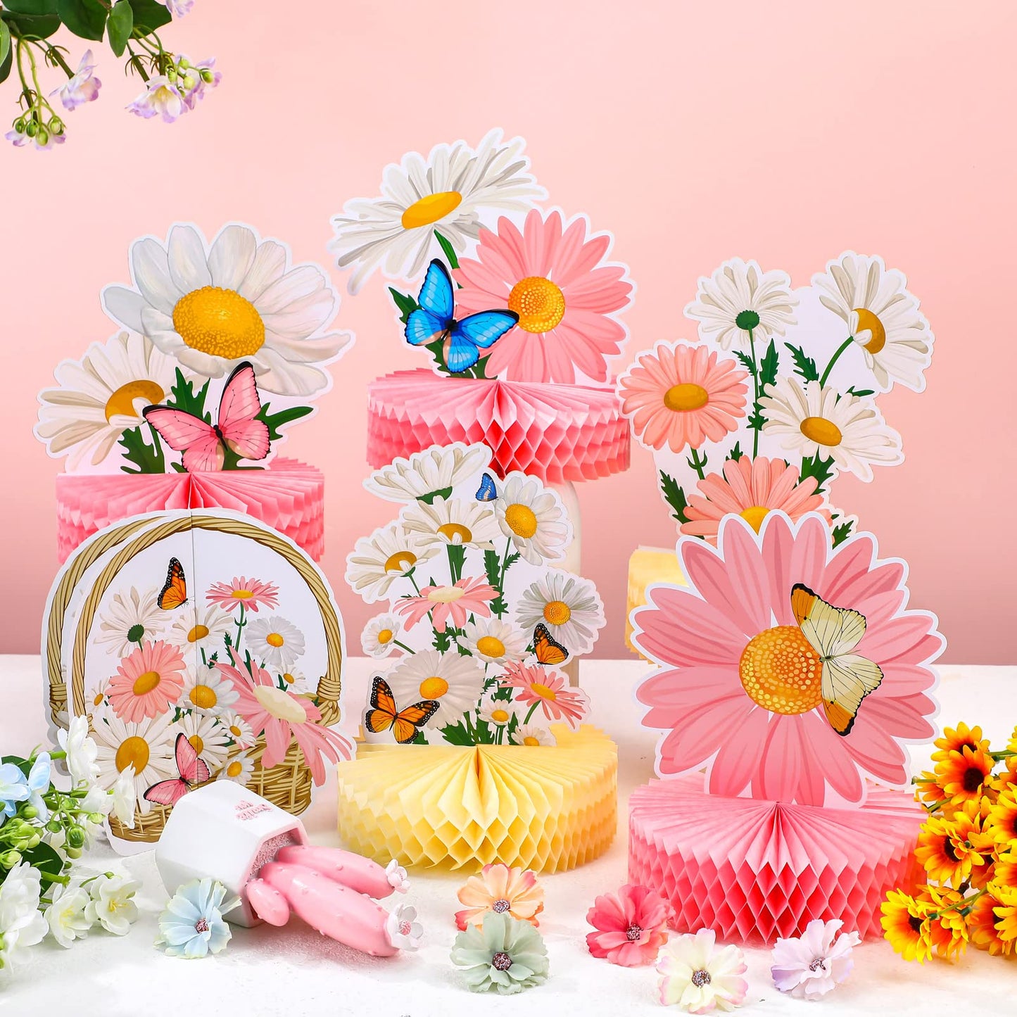 Hotop 9 Pcs Daisy Honeycomb Centerpieces – Pink Birthday Party Decor