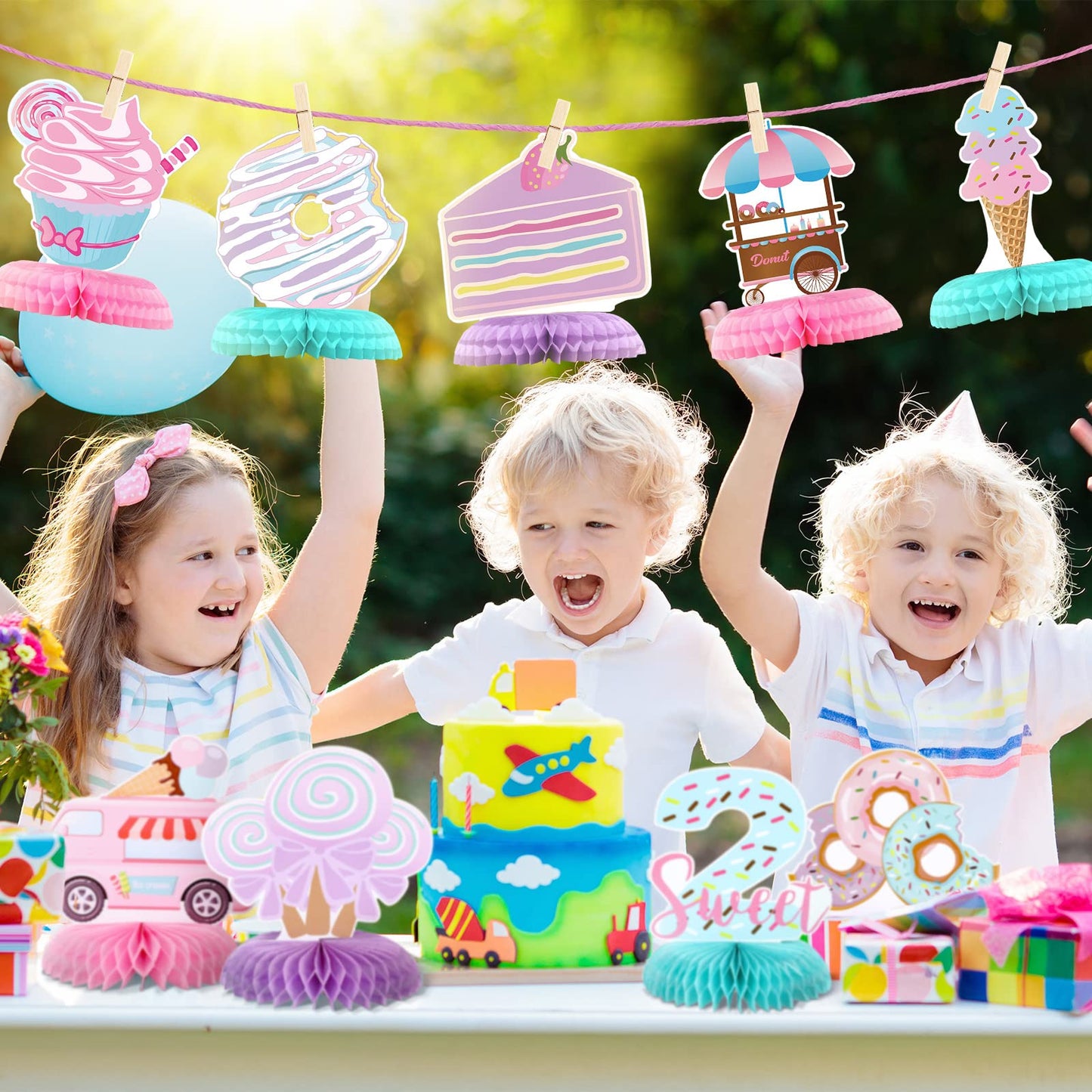 Hotop 9 Pcs Donut Two Sweet Birthday Decorations – Honeycomb Centerpieces for 2nd Birthday Parties and More