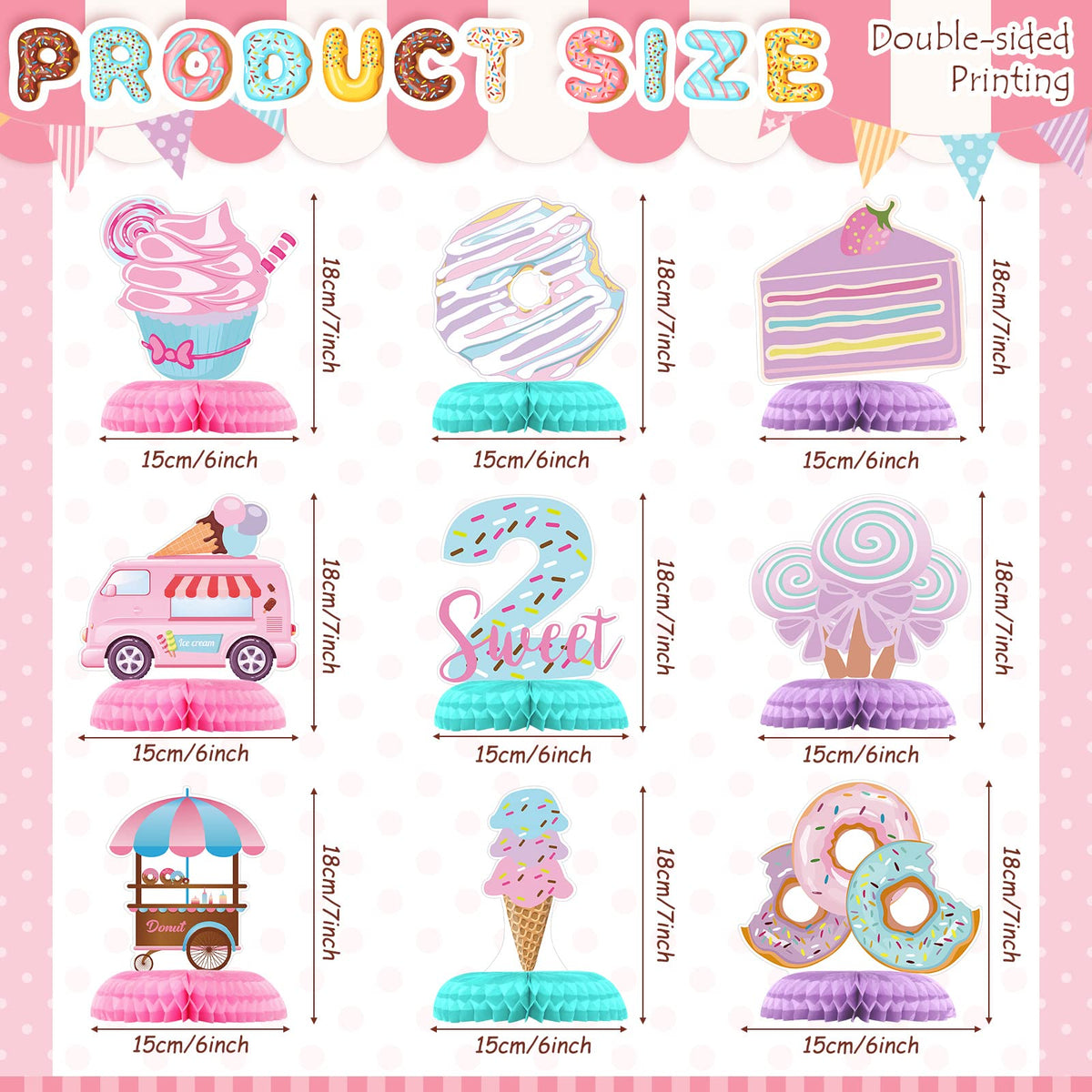Hotop 9 Pcs Donut Two Sweet Birthday Decorations – Honeycomb Centerpieces for 2nd Birthday Parties and More