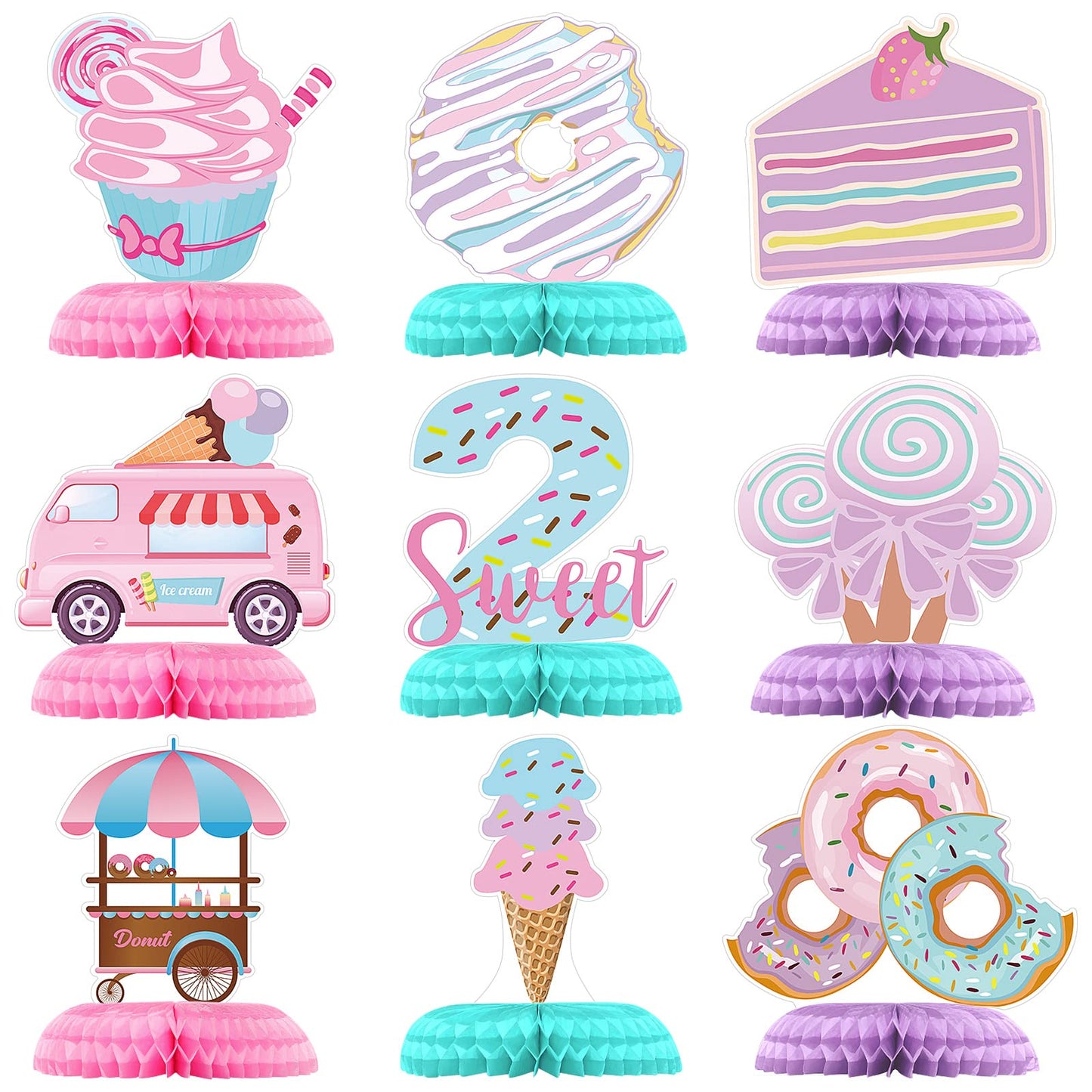 Hotop 9 Pcs Donut Two Sweet Birthday Decorations – Honeycomb Centerpieces for 2nd Birthday Parties and More