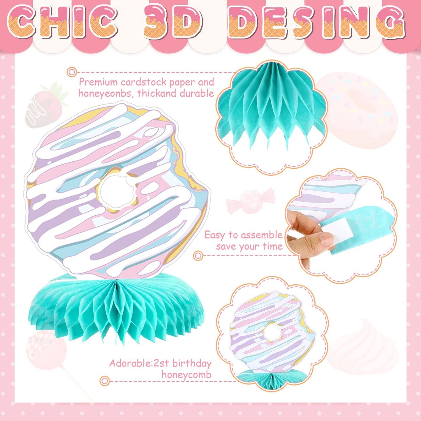 Hotop 9 Pcs Donut Two Sweet Birthday Decorations – Honeycomb Centerpieces for 2nd Birthday Parties and More
