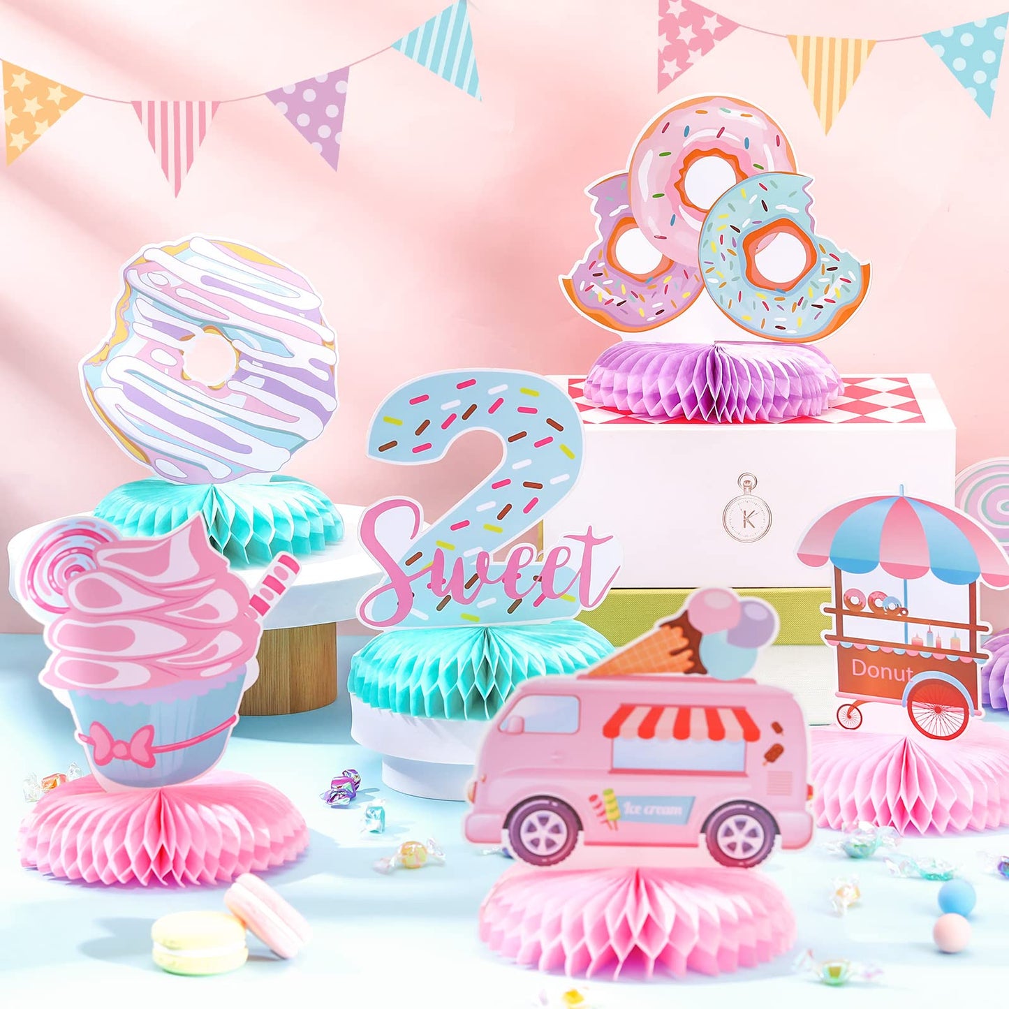Hotop 9 Pcs Donut Two Sweet Birthday Decorations – Honeycomb Centerpieces for 2nd Birthday Parties and More