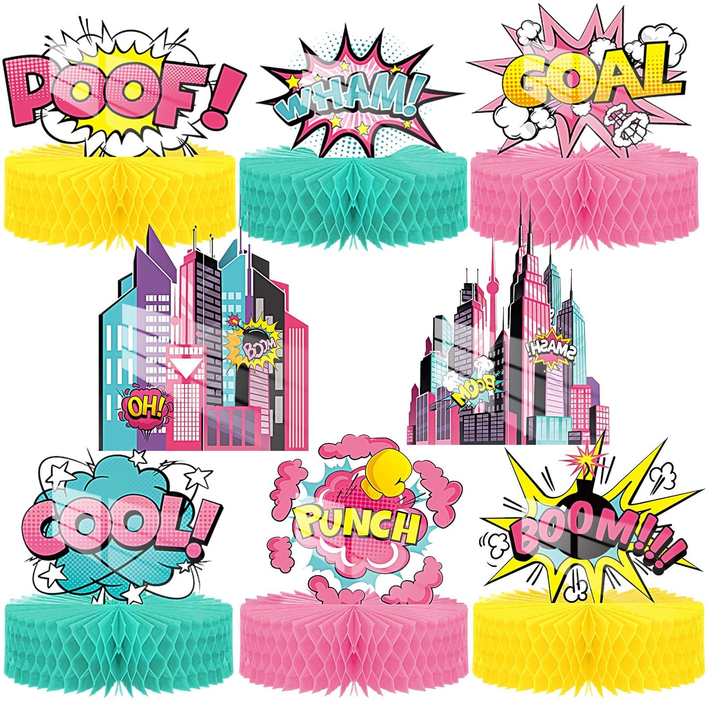 Hotop Hero Girl Party Supplies – Pink Honeycomb Decor & Standing Cards
