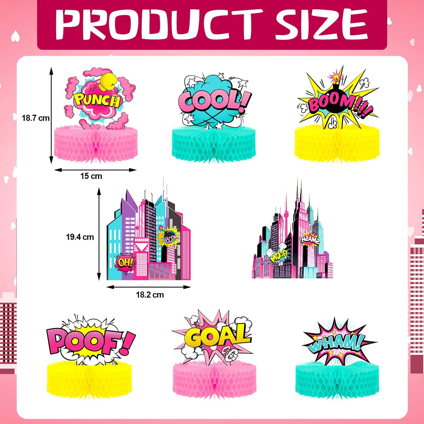 Hotop Hero Girl Party Supplies – Pink Honeycomb Decor & Standing Cards
