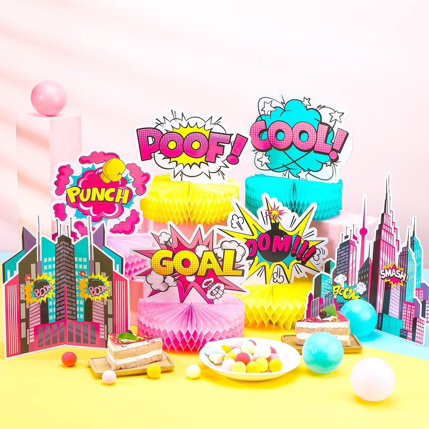 Hotop Hero Girl Party Supplies – Pink Honeycomb Decor & Standing Cards