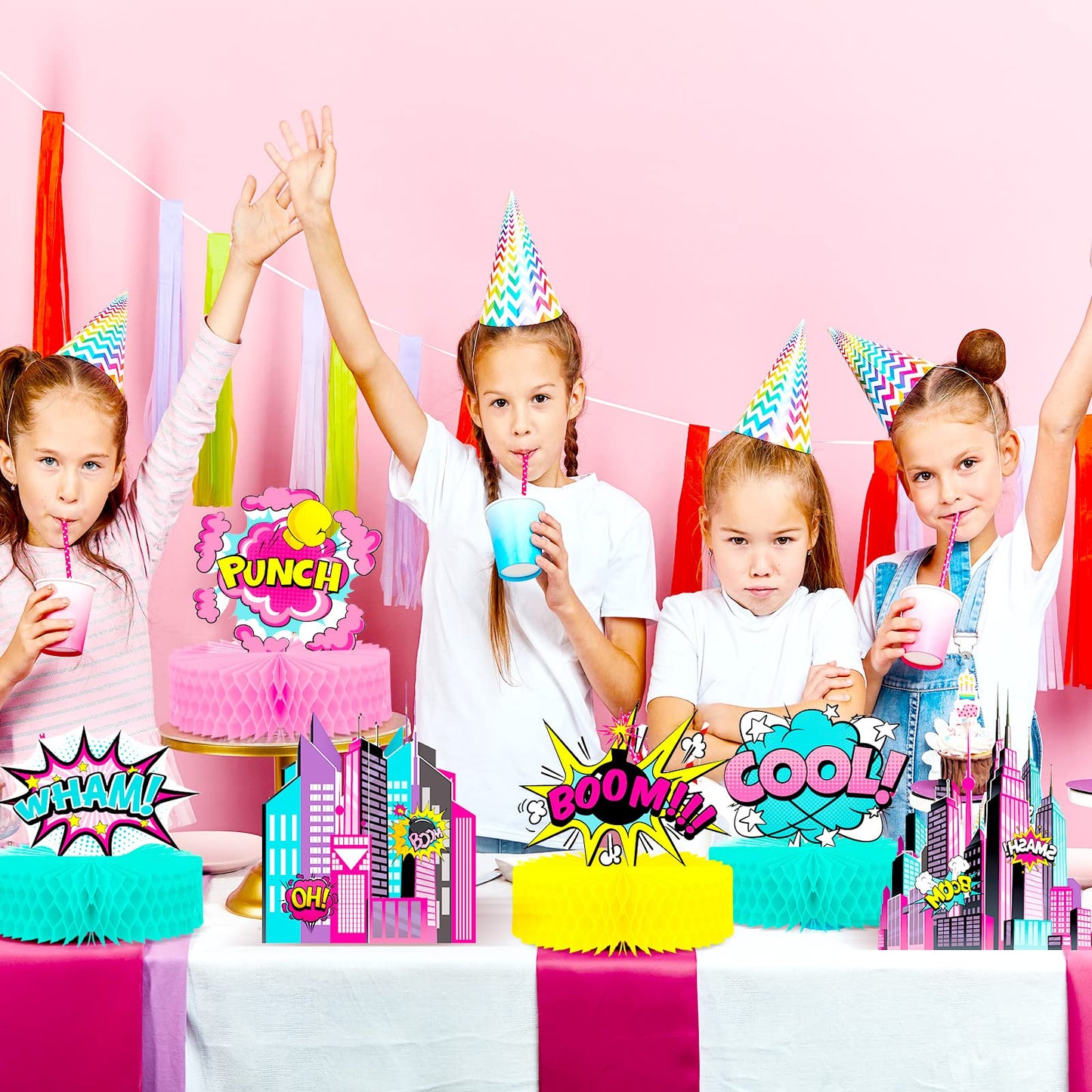 Hotop Hero Girl Party Supplies – Pink Honeycomb Decor & Standing Cards
