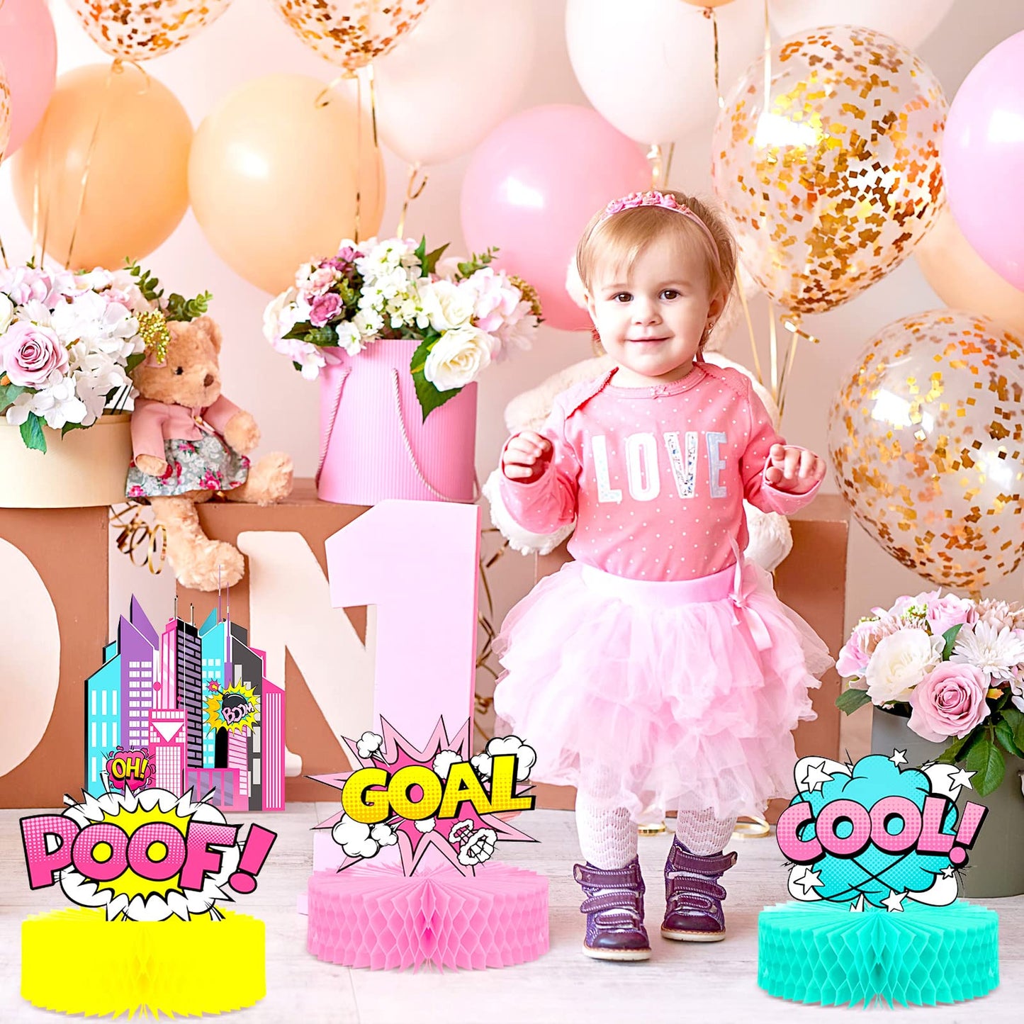 Hotop Hero Girl Party Supplies – Pink Honeycomb Decor & Standing Cards