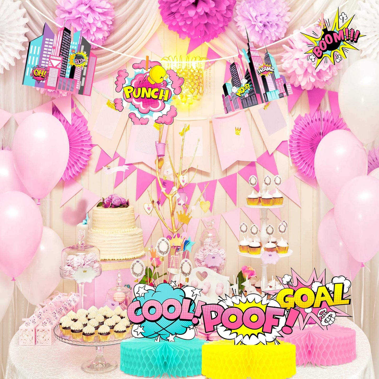 Hotop Hero Girl Party Supplies – Pink Honeycomb Decor & Standing Cards