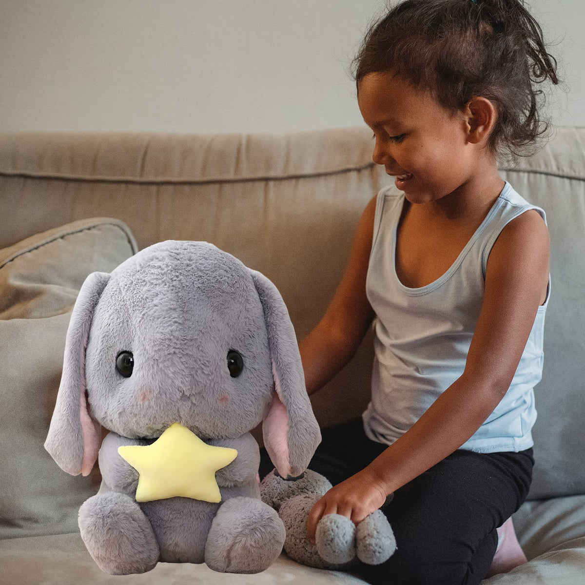 HOUPU Soft Toy Rabbit – Sitting Lop-Eared Plush Bunny (Gray-Star), 8.6in/22cm