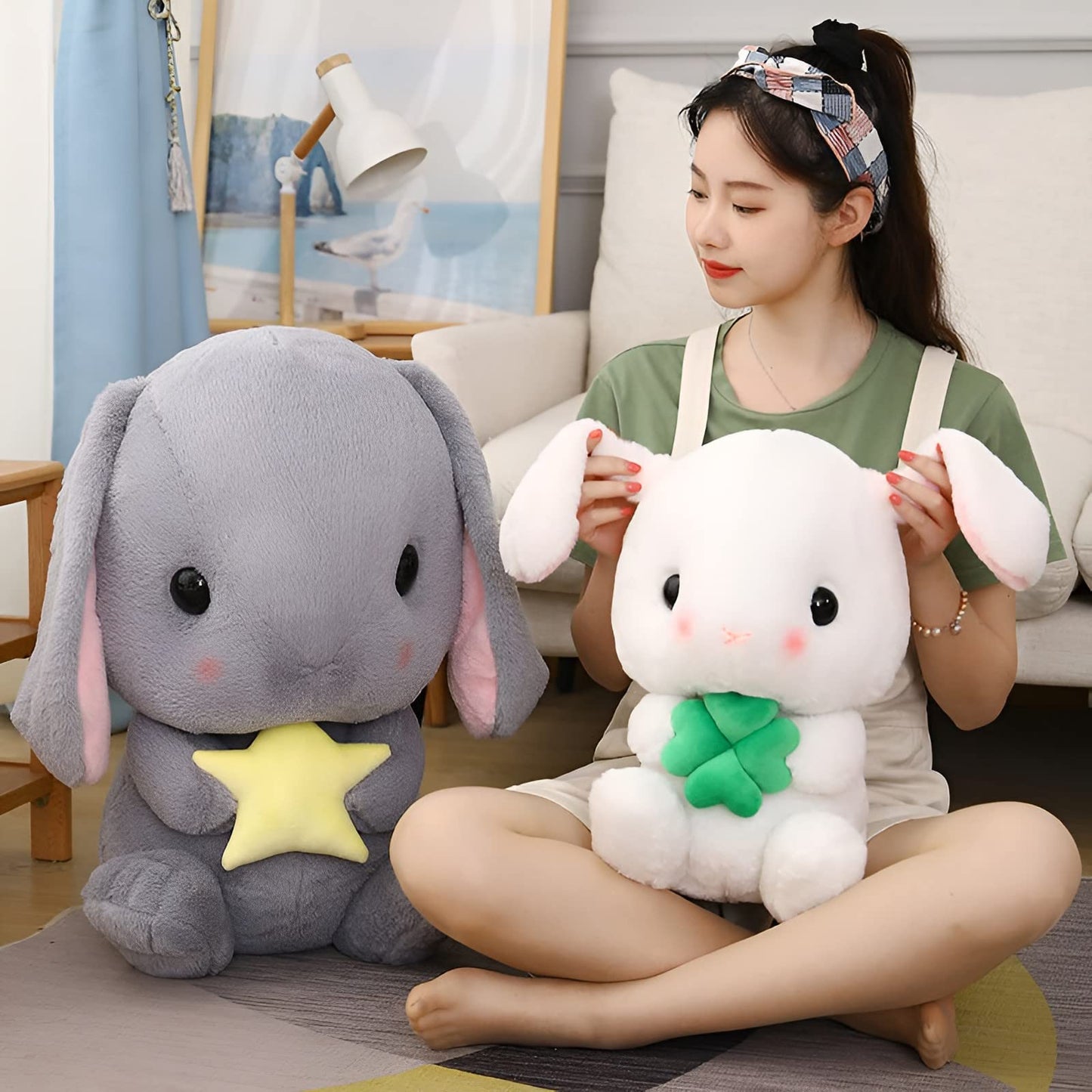 HOUPU Soft Toy Rabbit – Sitting Lop-Eared Plush Bunny (Gray-Star), 8.6in/22cm