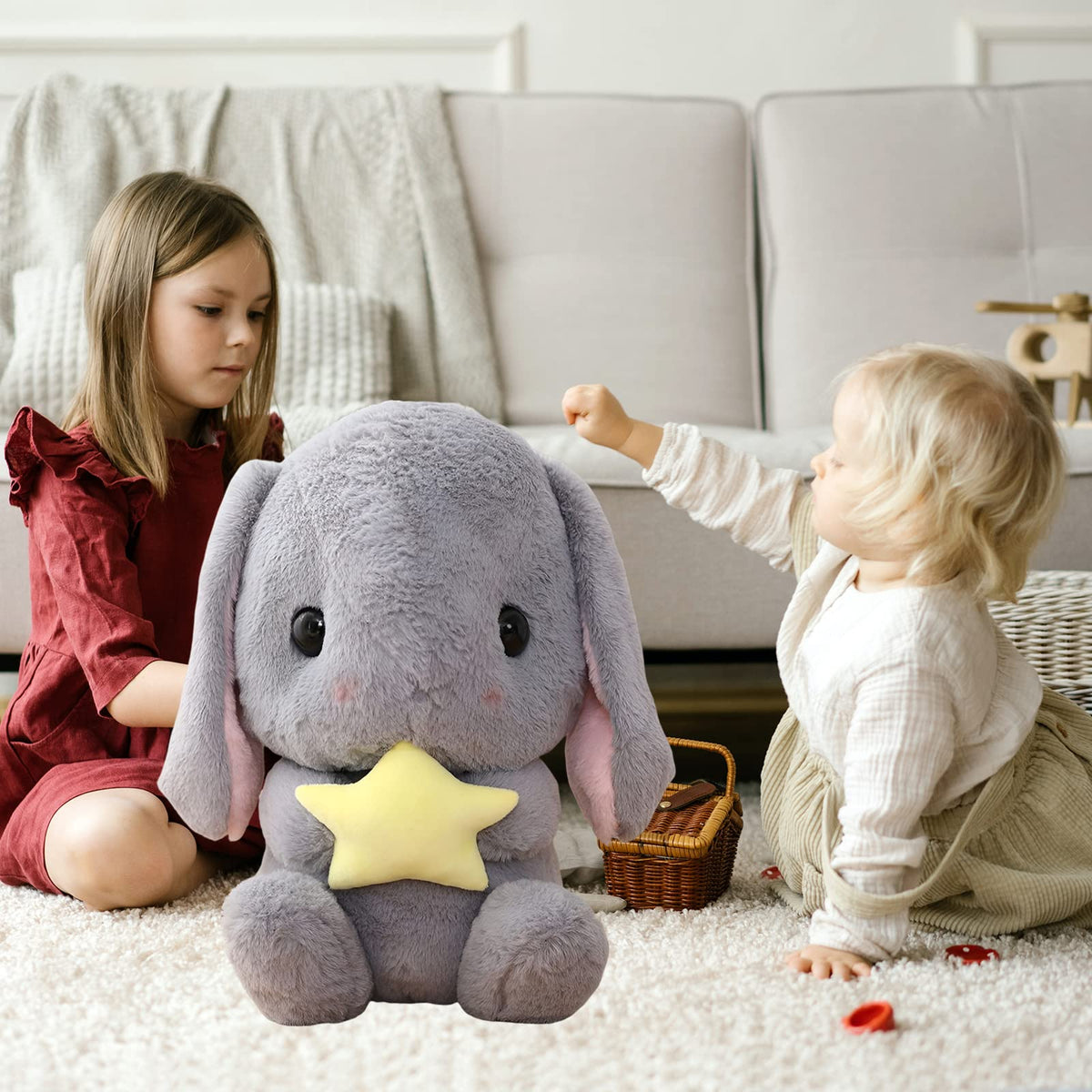 HOUPU Soft Toy Rabbit – Sitting Lop-Eared Plush Bunny (Gray-Star), 8.6in/22cm