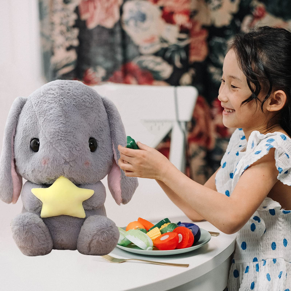 HOUPU Soft Toy Rabbit – Sitting Lop-Eared Plush Bunny (Gray-Star), 8.6in/22cm