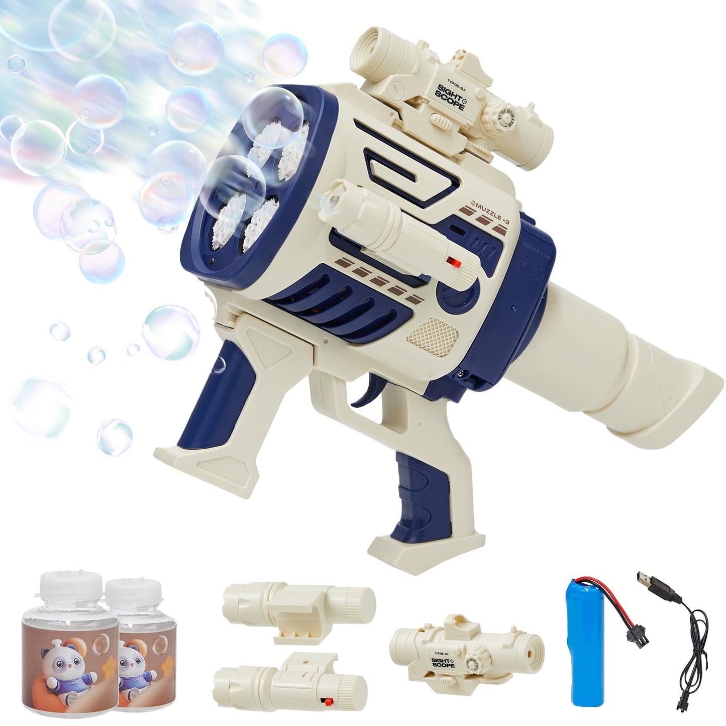 Houscly Bubble Gun for Kids – Fast-Fill No-Dip 4-Muzzle Bubble Blaster (Blue)