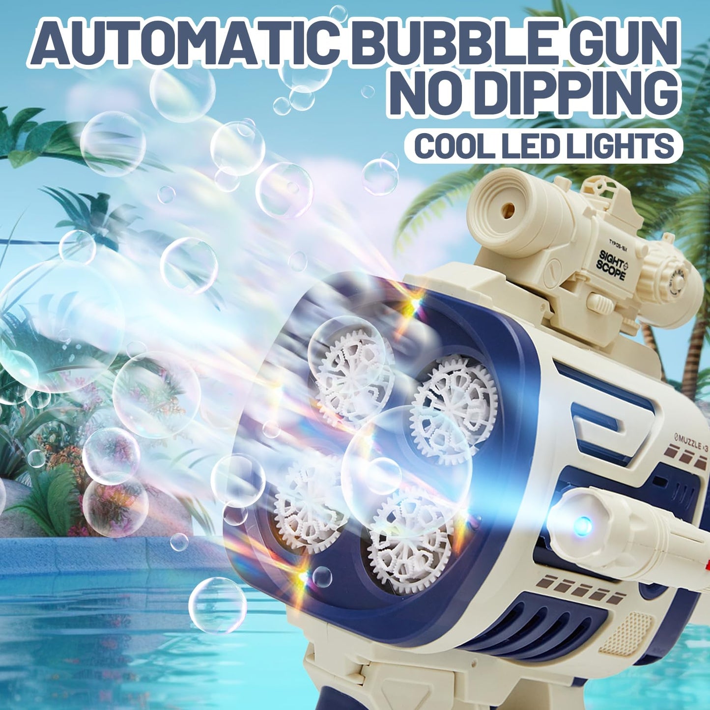 Houscly Bubble Gun for Kids – Fast-Fill No-Dip 4-Muzzle Bubble Blaster (Blue)