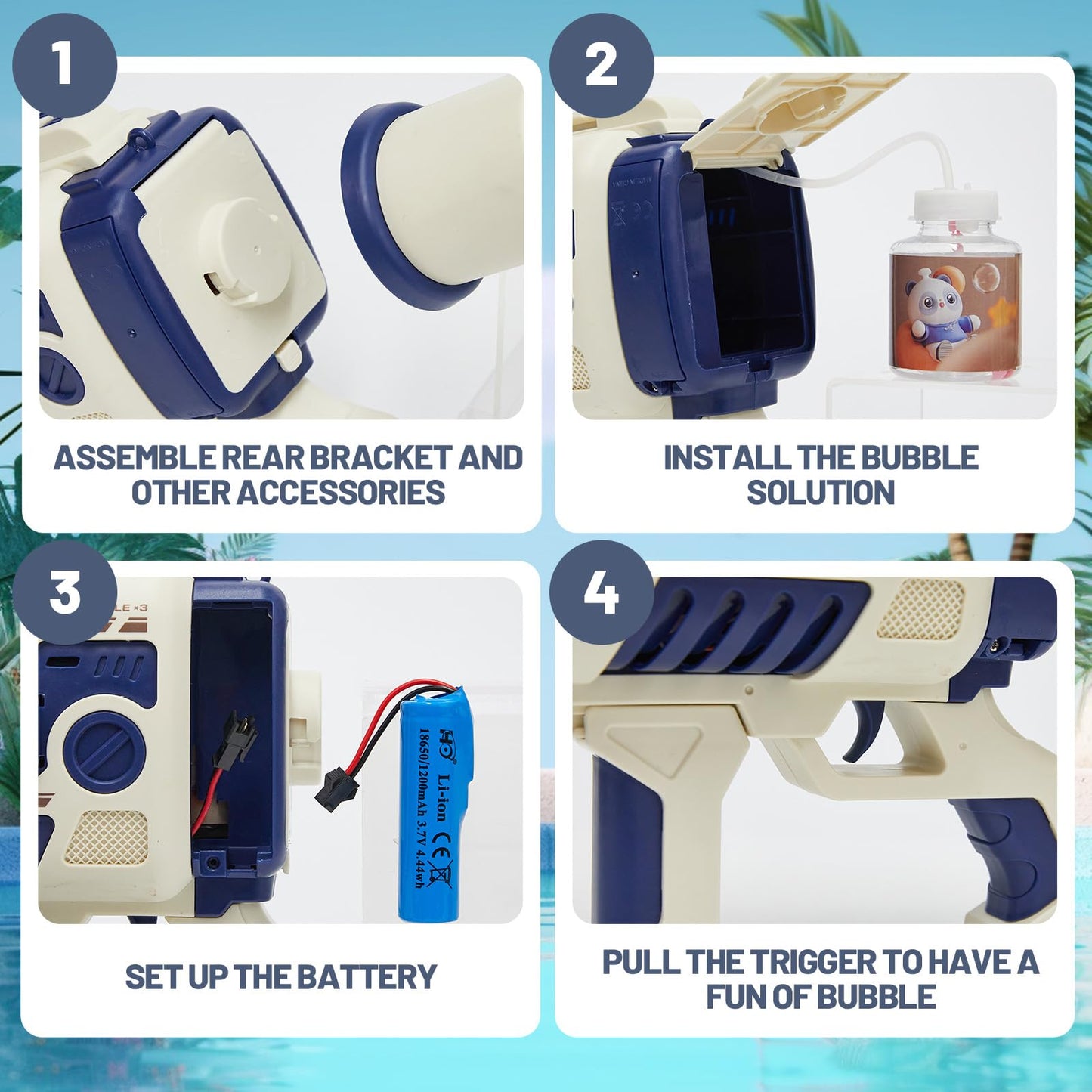 Houscly Bubble Gun for Kids – Fast-Fill No-Dip 4-Muzzle Bubble Blaster (Blue)