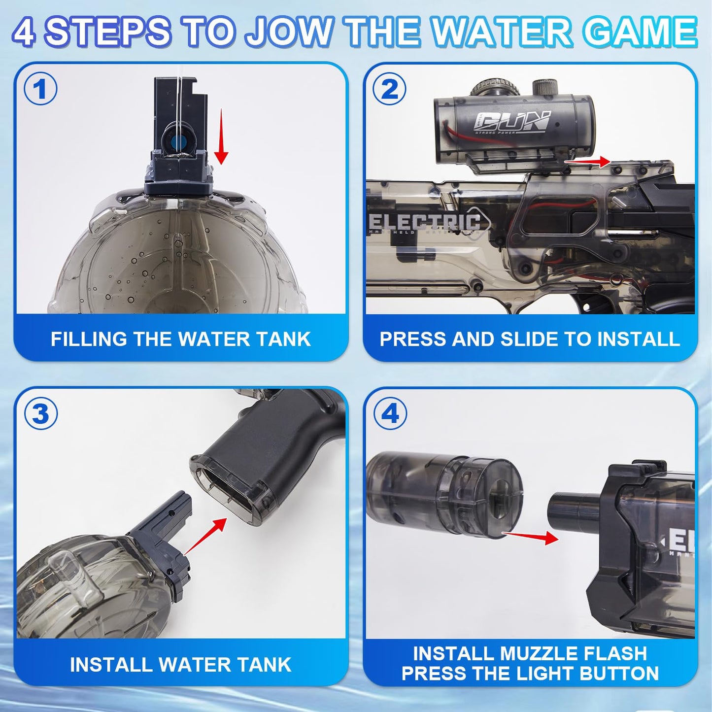 Houscly Electric Water Gun - LED Muzzle, 32ft Range, 500ml Tank