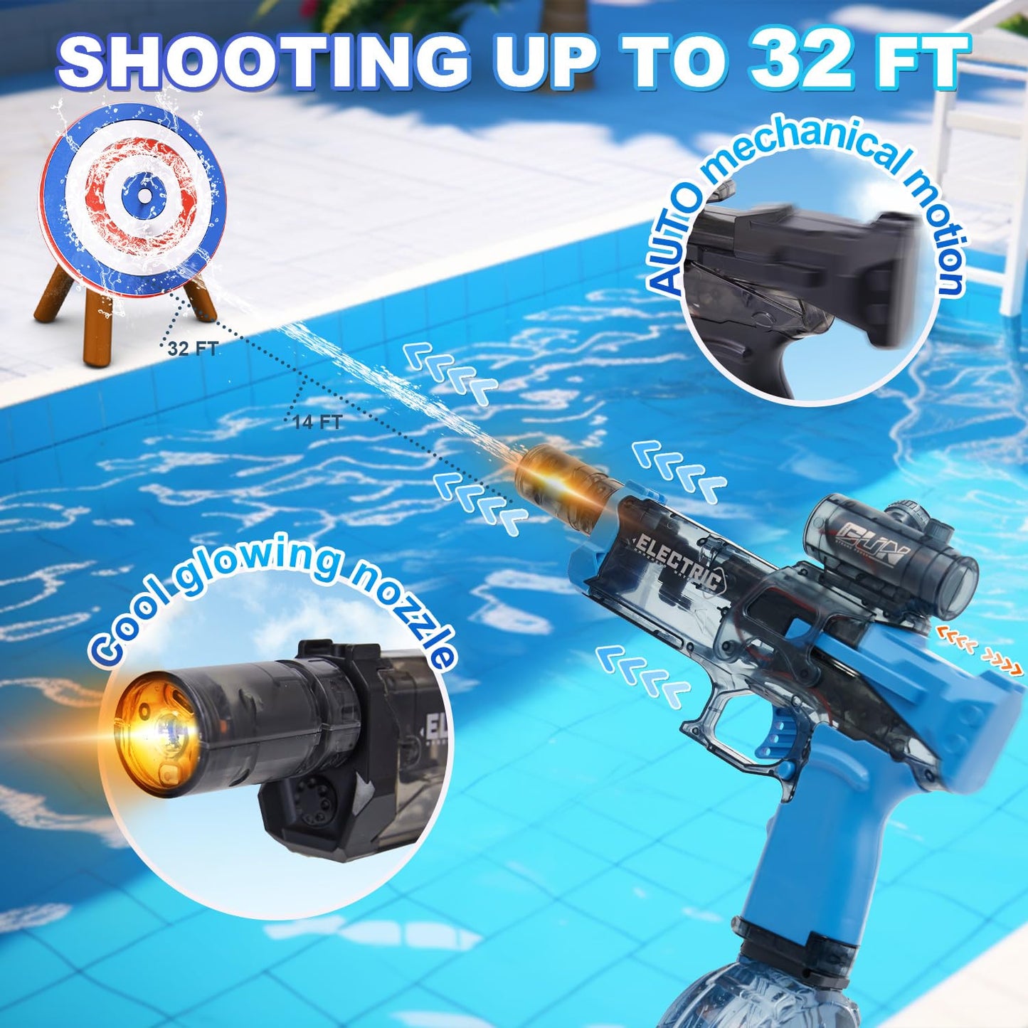 Houscly Electric Water Gun - LED Muzzle, 32ft Range, 500ml Tank