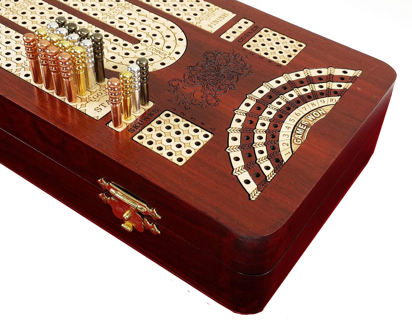 House of Cribbage – 14-inch 4-Track Cribbage Board with Card Storage (Bloodwood & Maple)