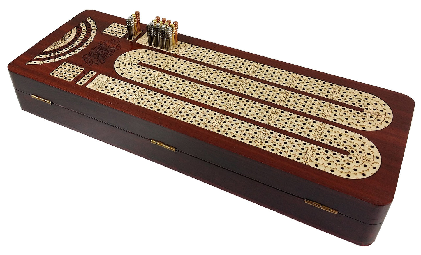 House of Cribbage – 14-inch 4-Track Cribbage Board with Card Storage (Bloodwood & Maple)