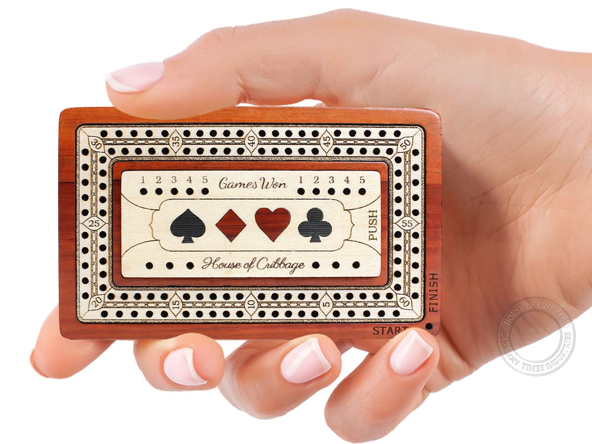 House of Cribbage - 2 Track Travel Cribbage Board | 4x2.5 inch | Bloodwood & Maple