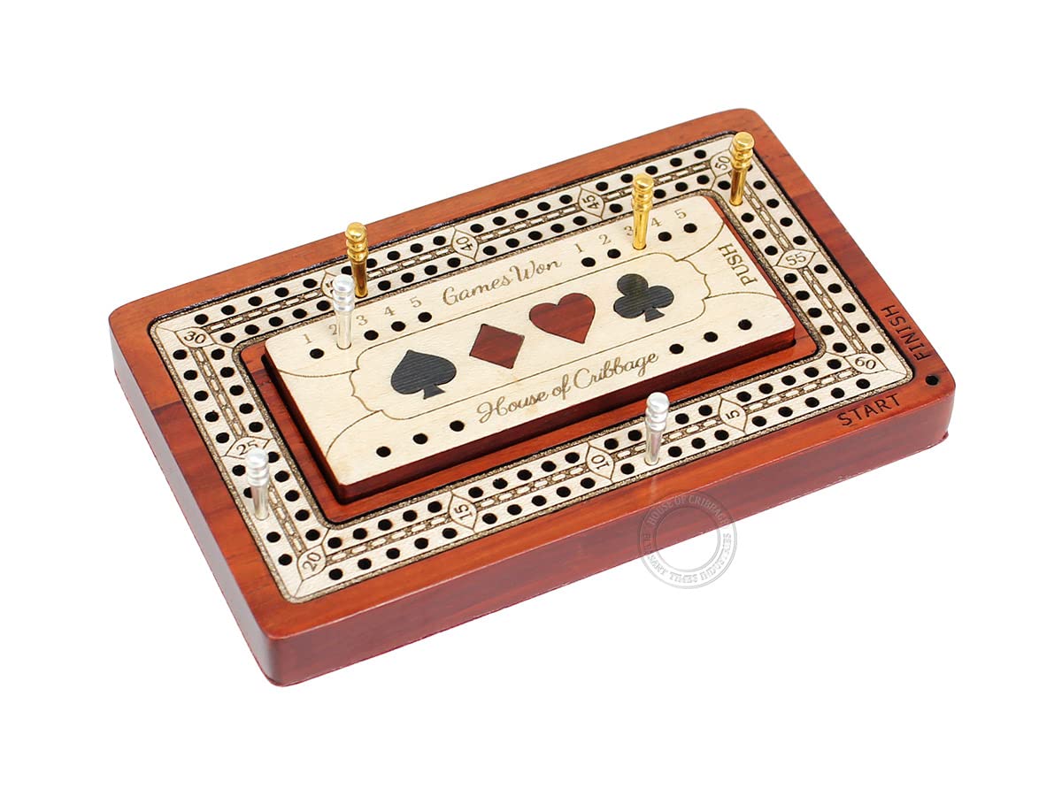 House of Cribbage - 2 Track Travel Cribbage Board | 4x2.5 inch | Bloodwood & Maple