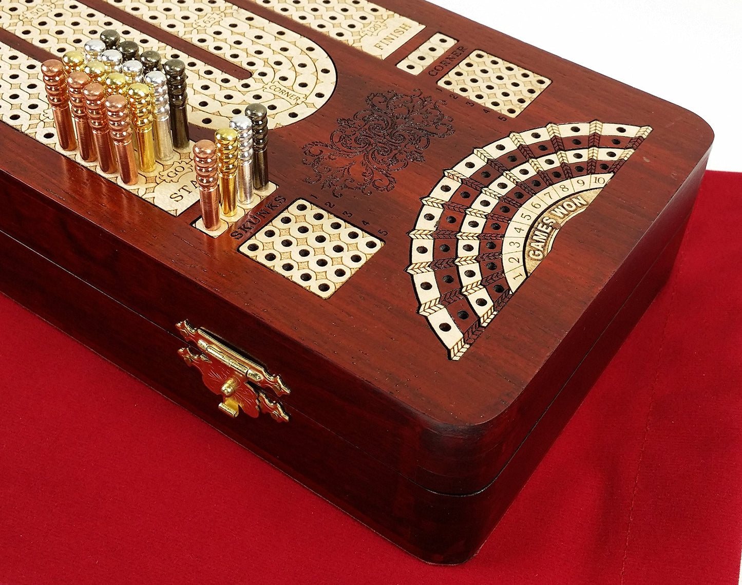 House of Cribbage – 14-inch 4-Track Cribbage Board with Card Storage (Bloodwood & Maple)