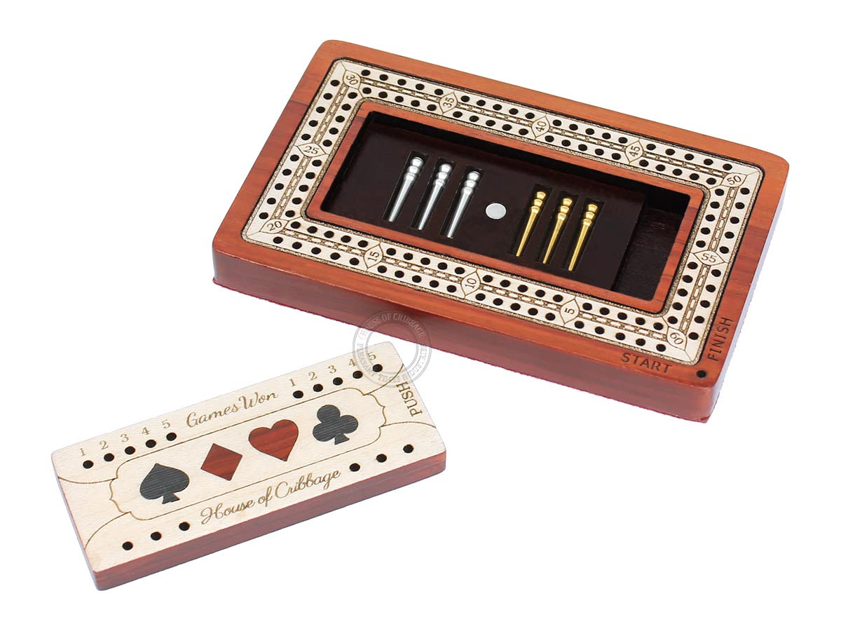 House of Cribbage - 2 Track Travel Cribbage Board | 4x2.5 inch | Bloodwood & Maple