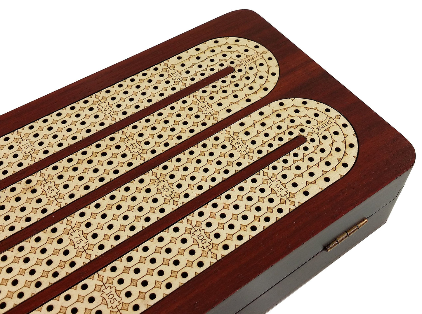 House of Cribbage – 14-inch 4-Track Cribbage Board with Card Storage (Bloodwood & Maple)