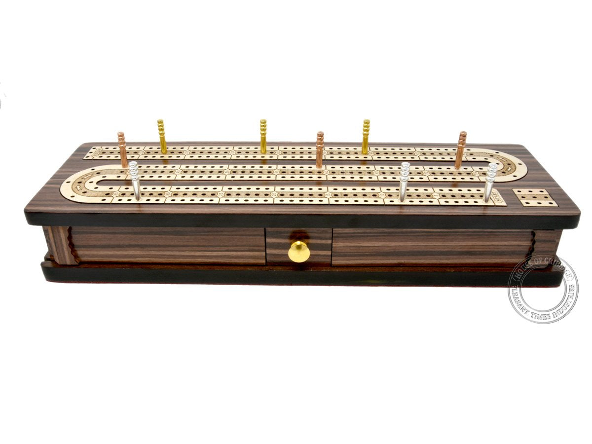 House of Cribbage - 12 Inch Rosewood/Maple Inlaid 3-Track Cribbage Board with Sliding Lid Box