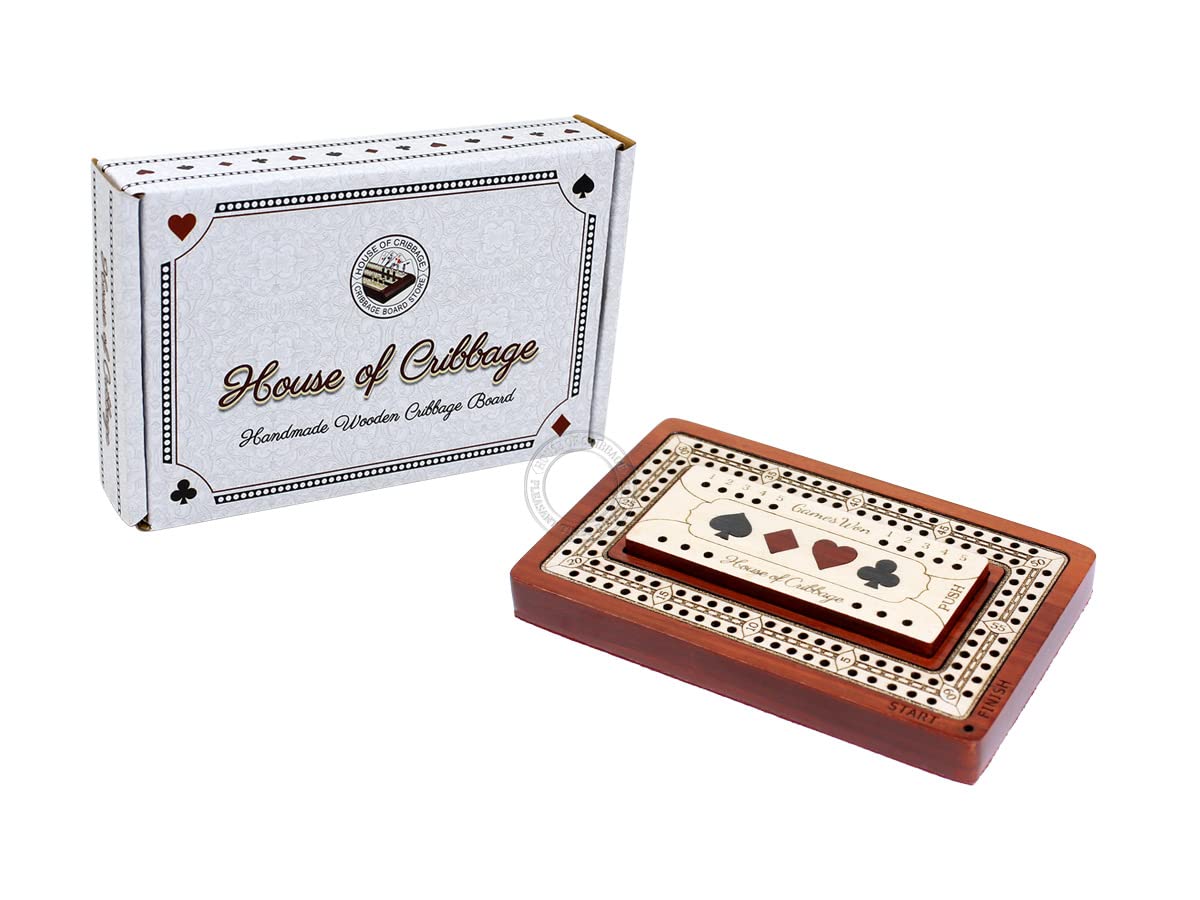 House of Cribbage - 2 Track Travel Cribbage Board | 4x2.5 inch | Bloodwood & Maple