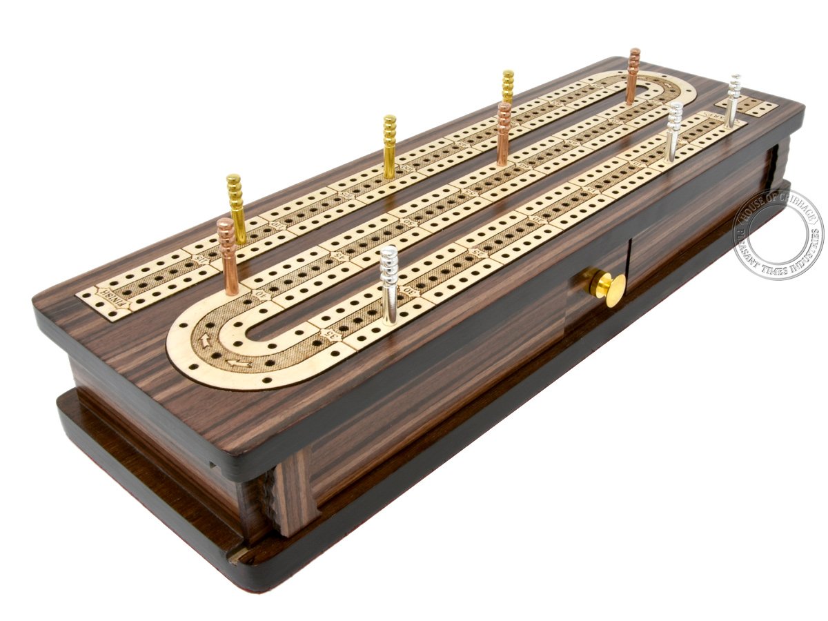 House of Cribbage - 12 Inch Rosewood/Maple Inlaid 3-Track Cribbage Board with Sliding Lid Box