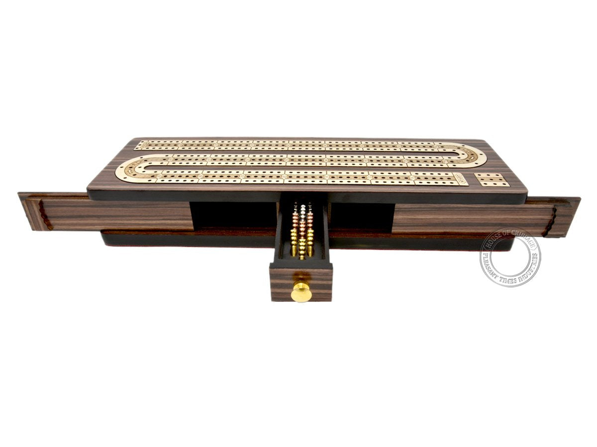 House of Cribbage - 12 Inch Rosewood/Maple Inlaid 3-Track Cribbage Board with Sliding Lid Box