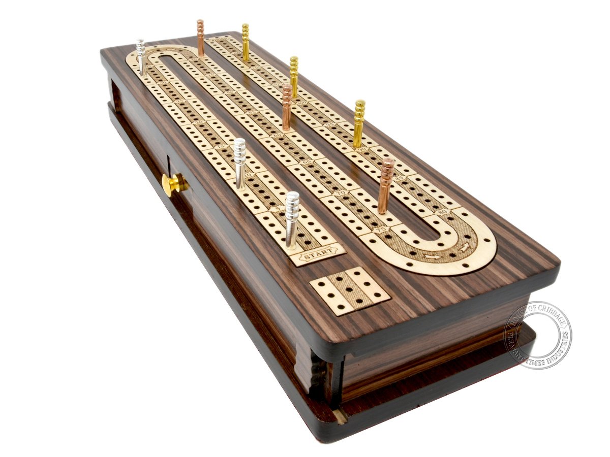 House of Cribbage - 12 Inch Rosewood/Maple Inlaid 3-Track Cribbage Board with Sliding Lid Box