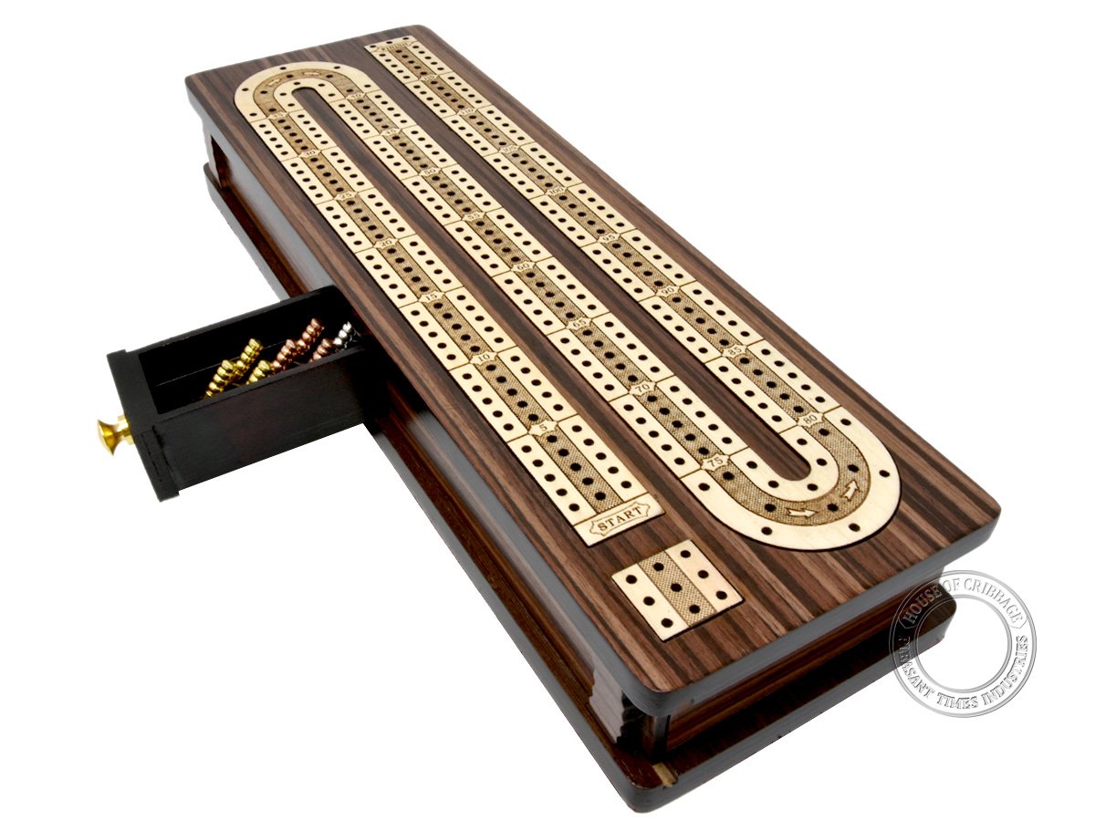 House of Cribbage - 12 Inch Rosewood/Maple Inlaid 3-Track Cribbage Board with Sliding Lid Box