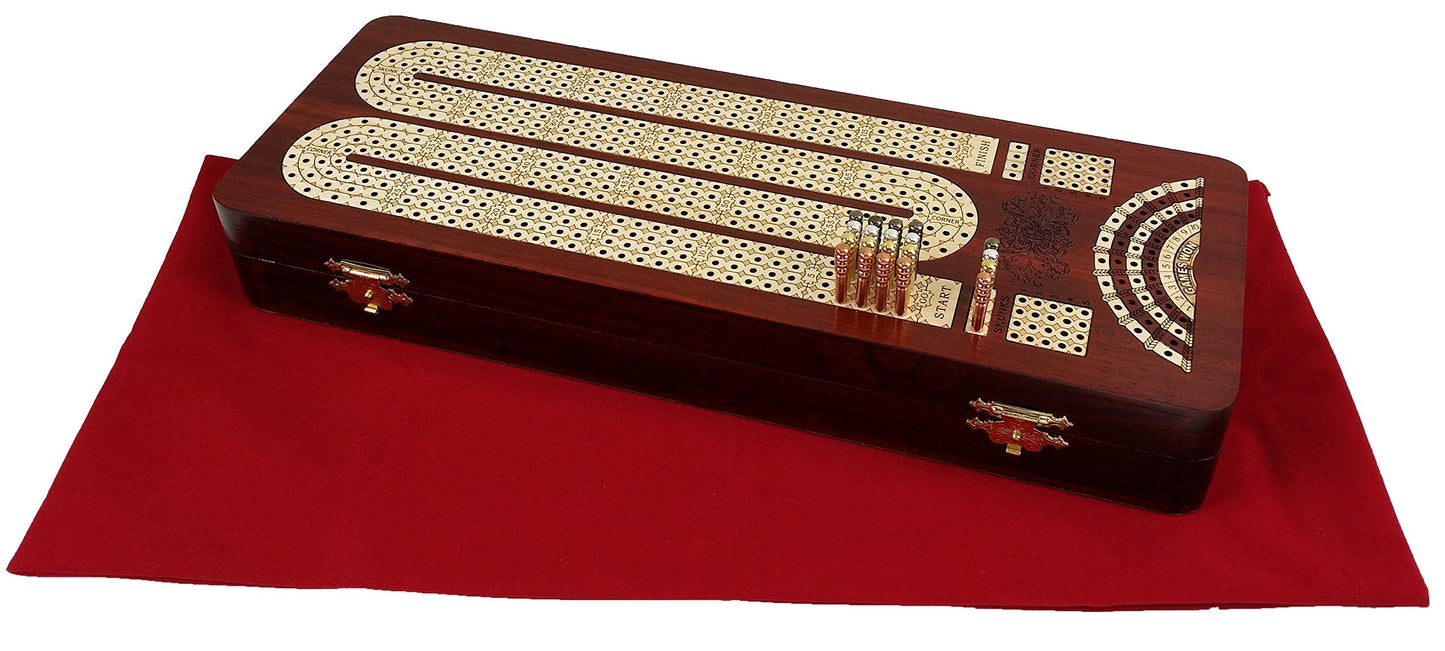 House of Cribbage – 14-inch 4-Track Cribbage Board with Card Storage (Bloodwood & Maple)