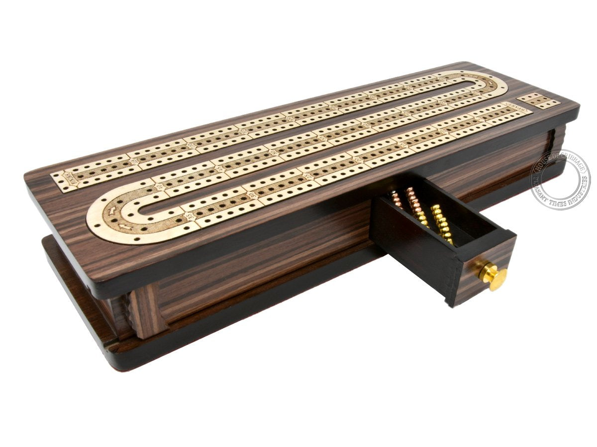 House of Cribbage - 12 Inch Rosewood/Maple Inlaid 3-Track Cribbage Board with Sliding Lid Box