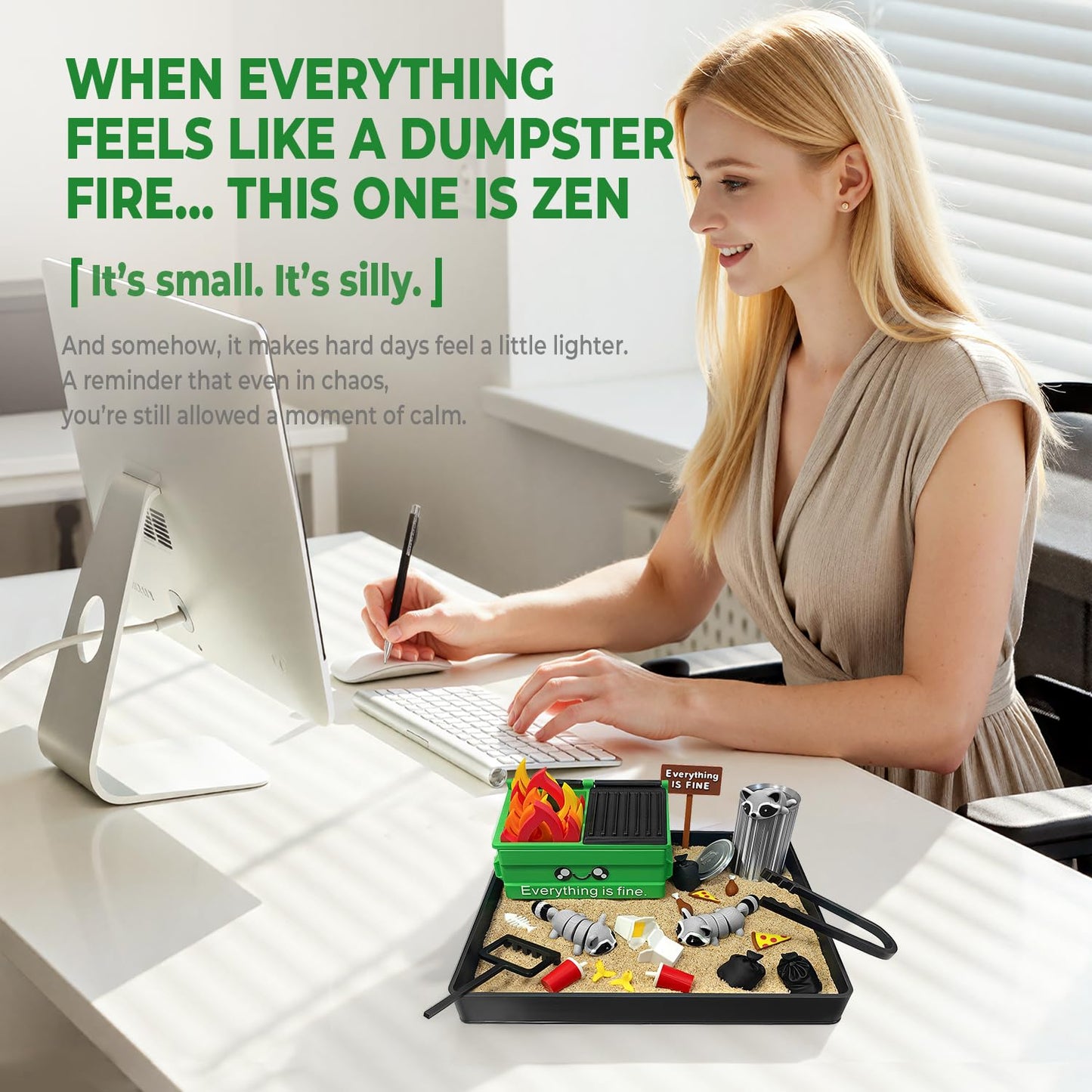 HouseBegan Dumpster Fire Zen Garden for Desk — Funny Mini Zen Sand Kit for Office Stress Relief