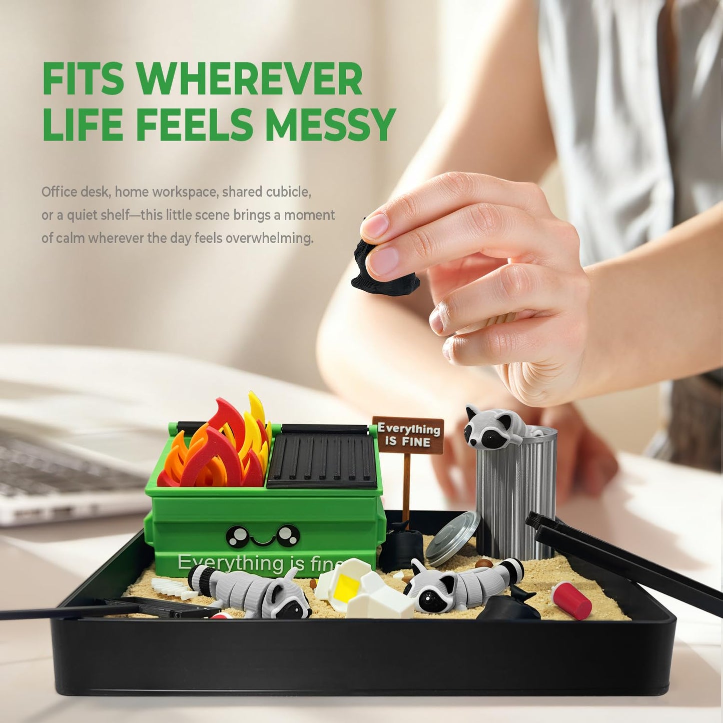HouseBegan Dumpster Fire Zen Garden for Desk — Funny Mini Zen Sand Kit for Office Stress Relief