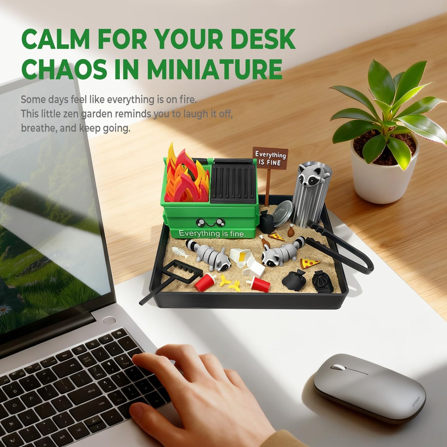 HouseBegan Dumpster Fire Zen Garden for Desk — Funny Mini Zen Sand Kit for Office Stress Relief
