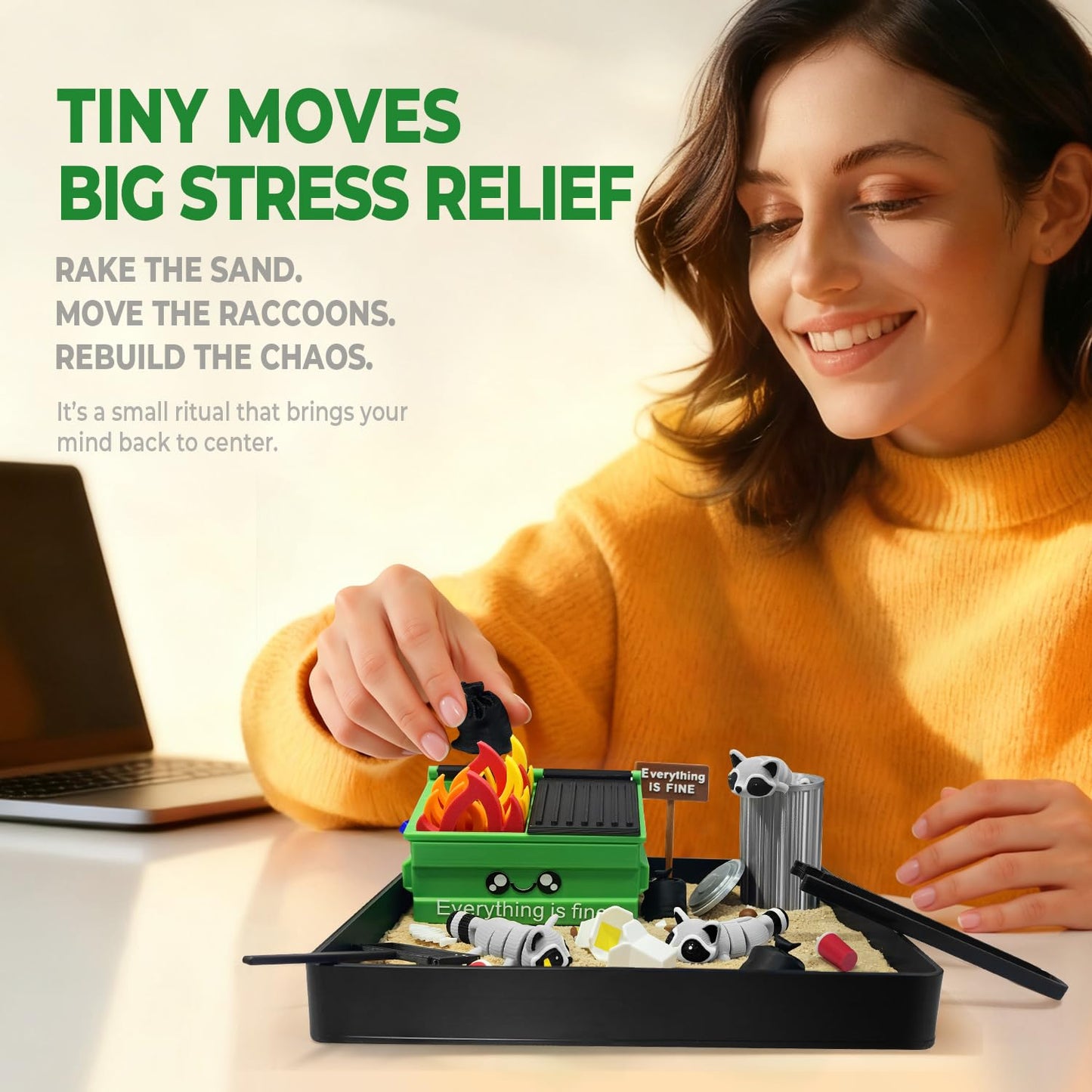 HouseBegan Dumpster Fire Zen Garden for Desk — Funny Mini Zen Sand Kit for Office Stress Relief