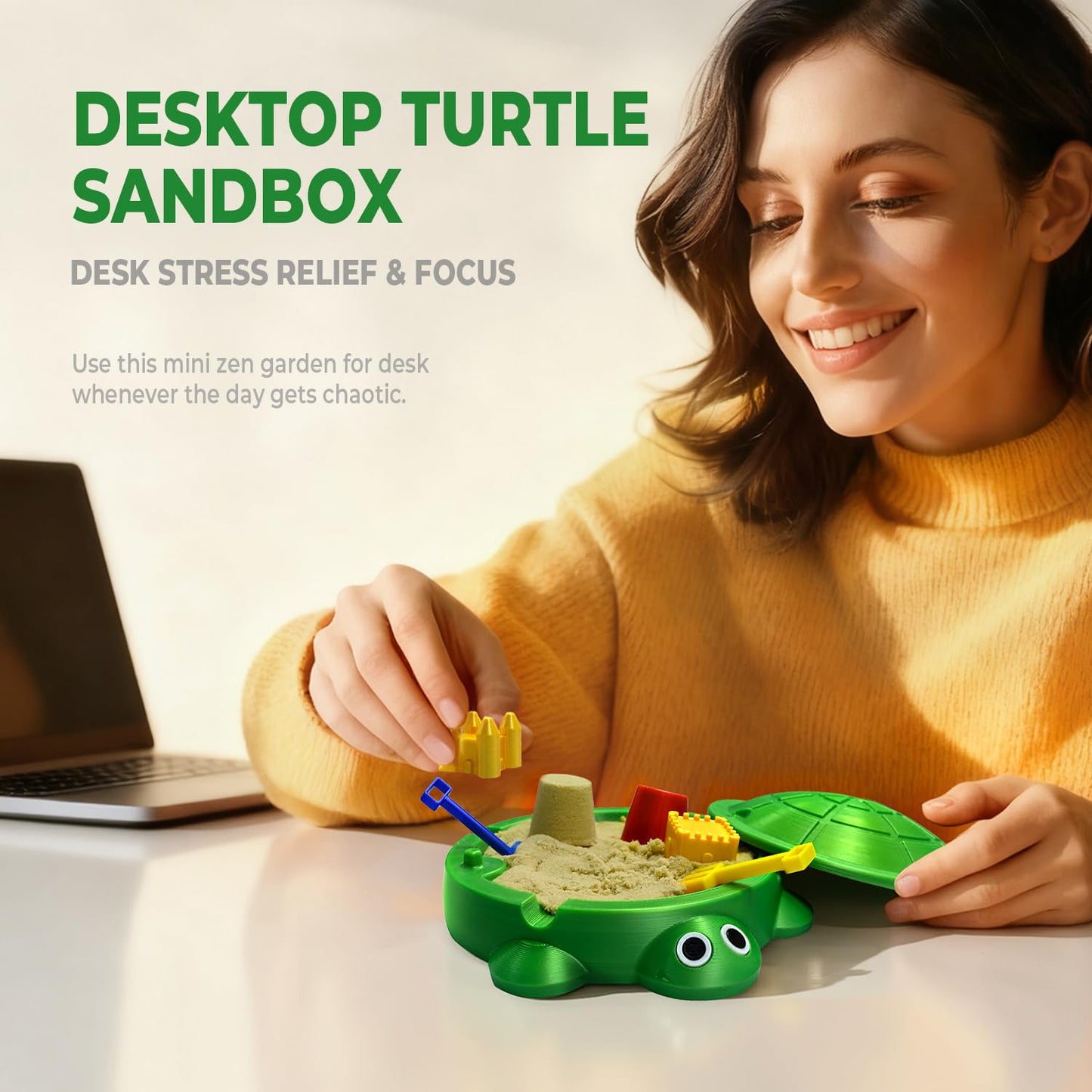 HouseBegan Mini Turtle Sandbox Zen Garden for Desk — Office Stress Relief Gift