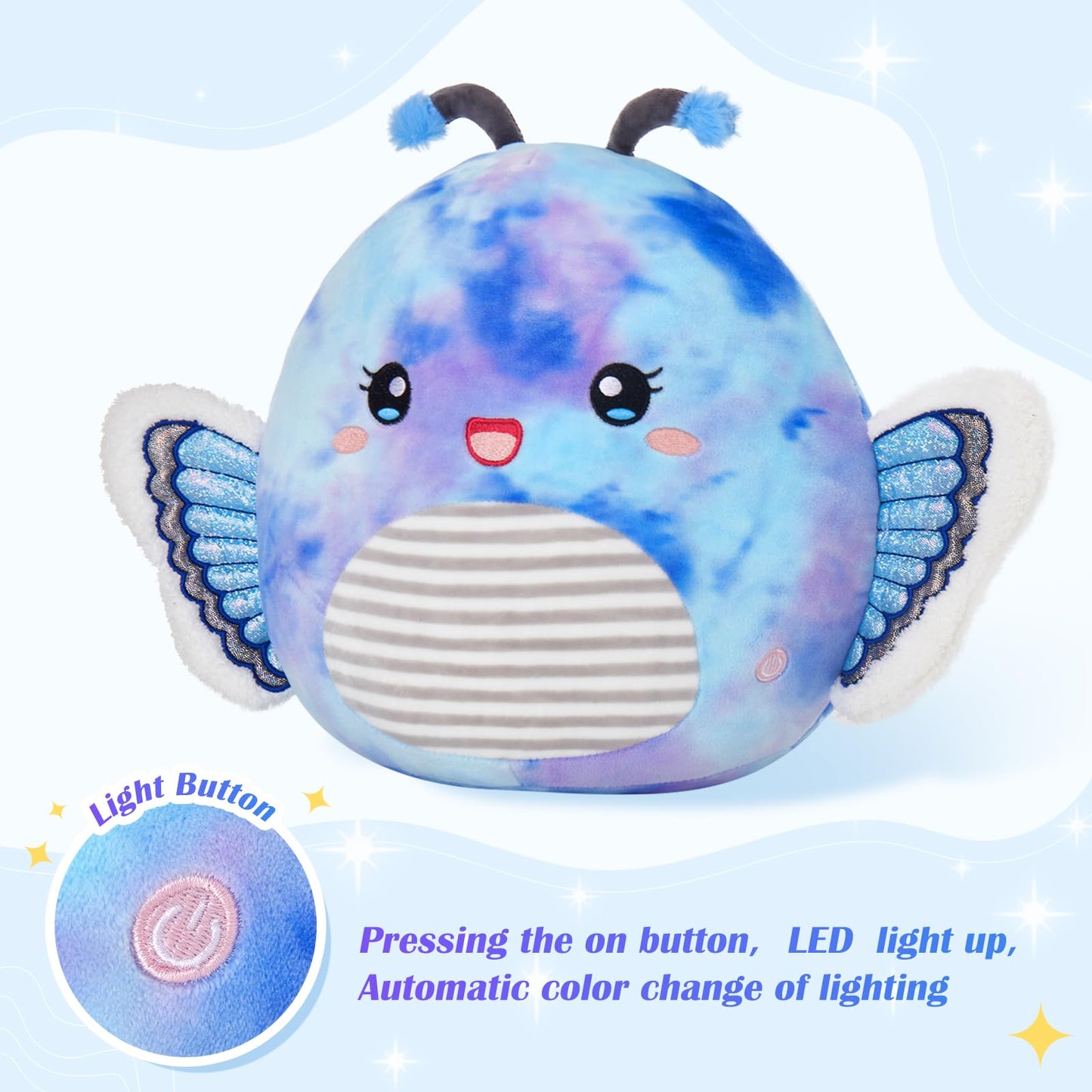 Houwsbaby 12" Blue Light Up Butterfly Plush Pillow | LED Night Light & Plush Toy