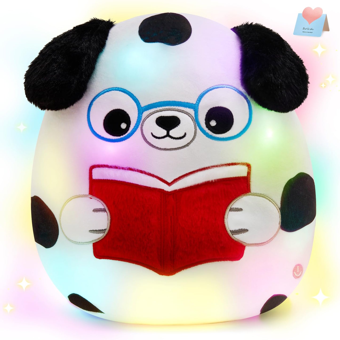 Houwsbaby 12in Light-Up Reading Spotted Dog Plush Pillow – Glow-in-the-Dark Puppy Toy for Bedtime & Play