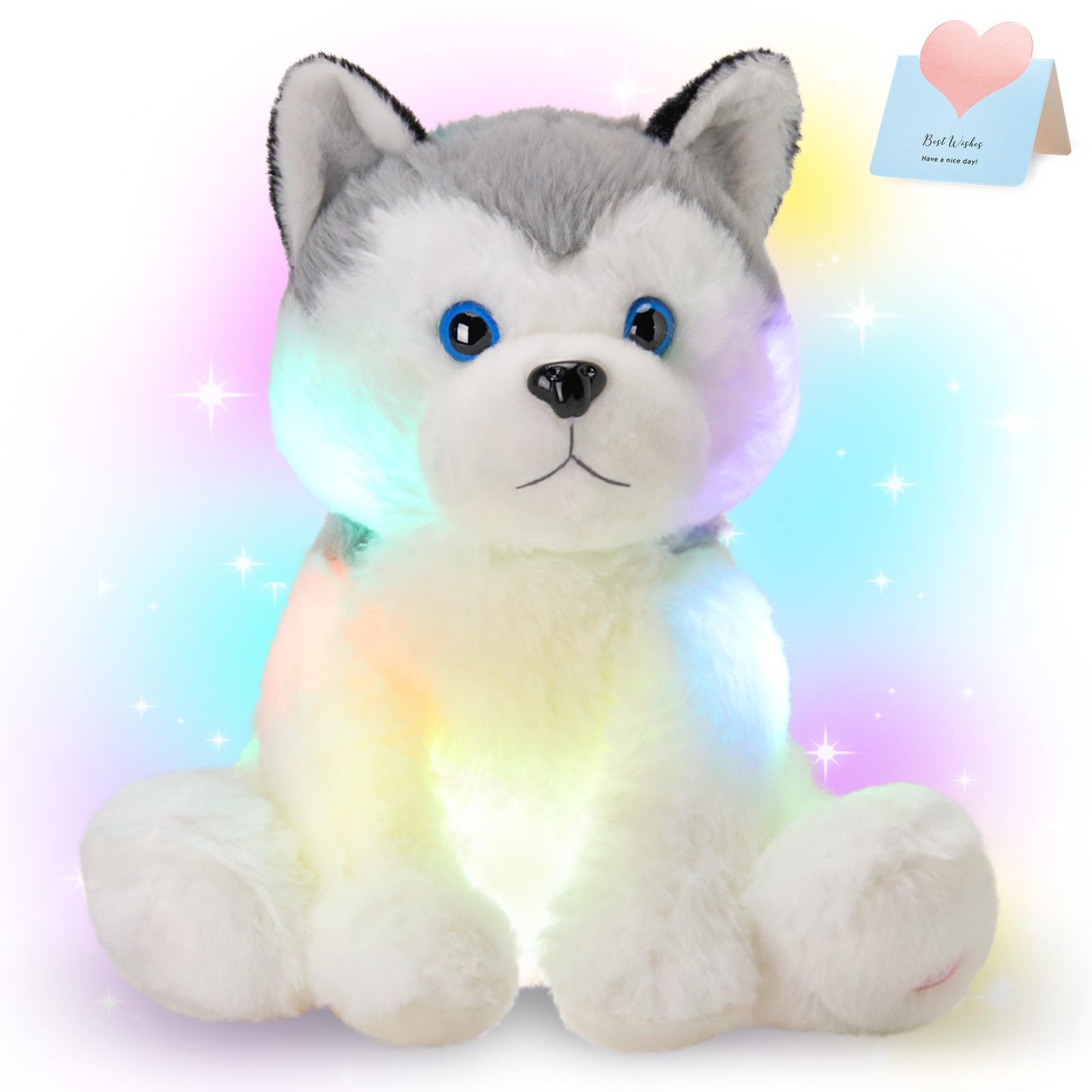Houwsbaby 12-inch Gray Light-Up Husky Plush Toy | Glow Night Light for Kids