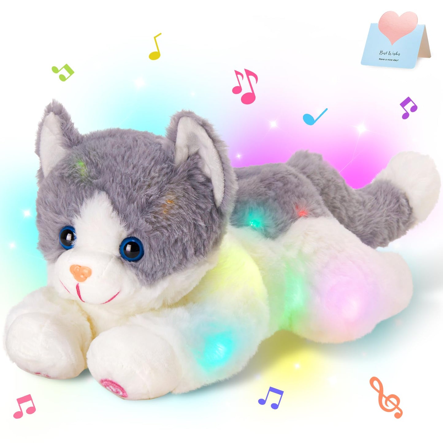 Houwsbaby 15-inch Gray LED Musical Cat Plush – Light-Up Singing Kitty Toy for Kids