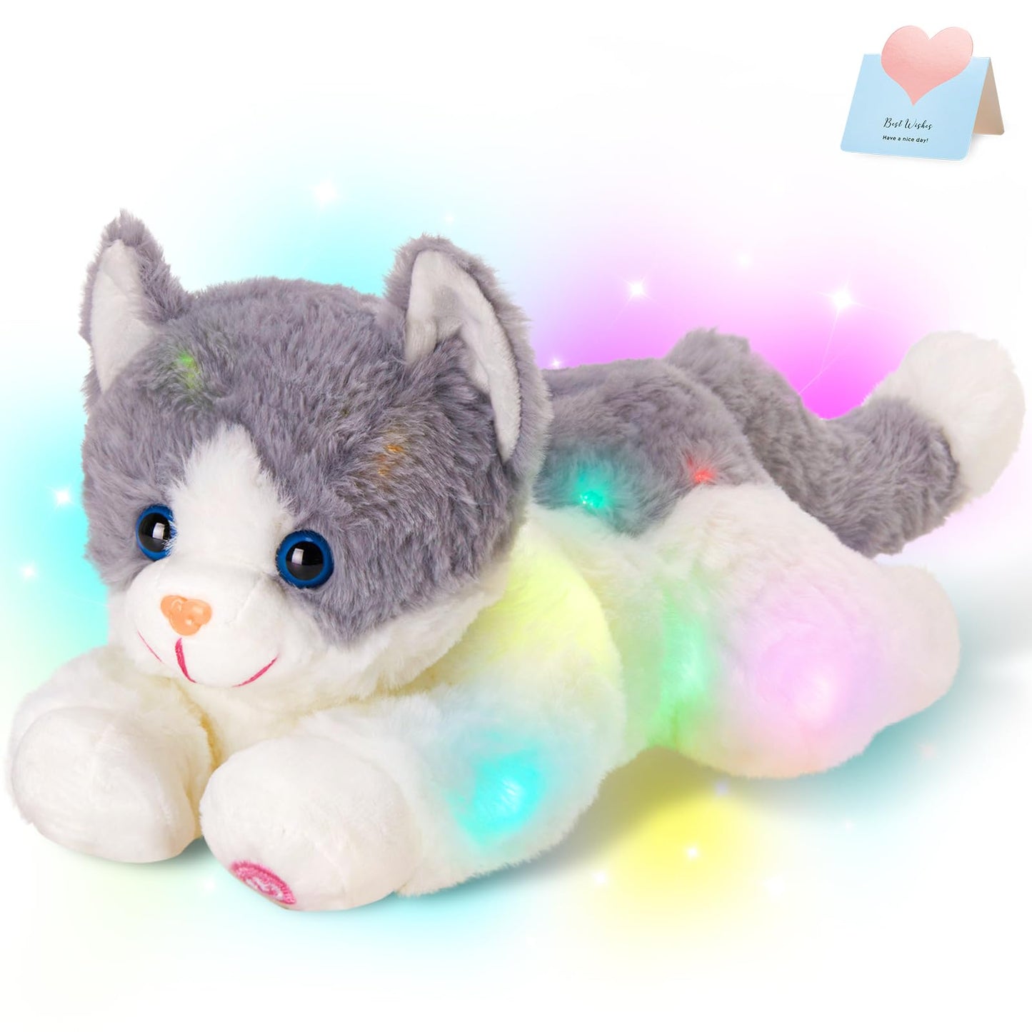 Houwsbaby 15-inch Gray Light-Up Kitty Plush — LED Night Light Toy for Kids