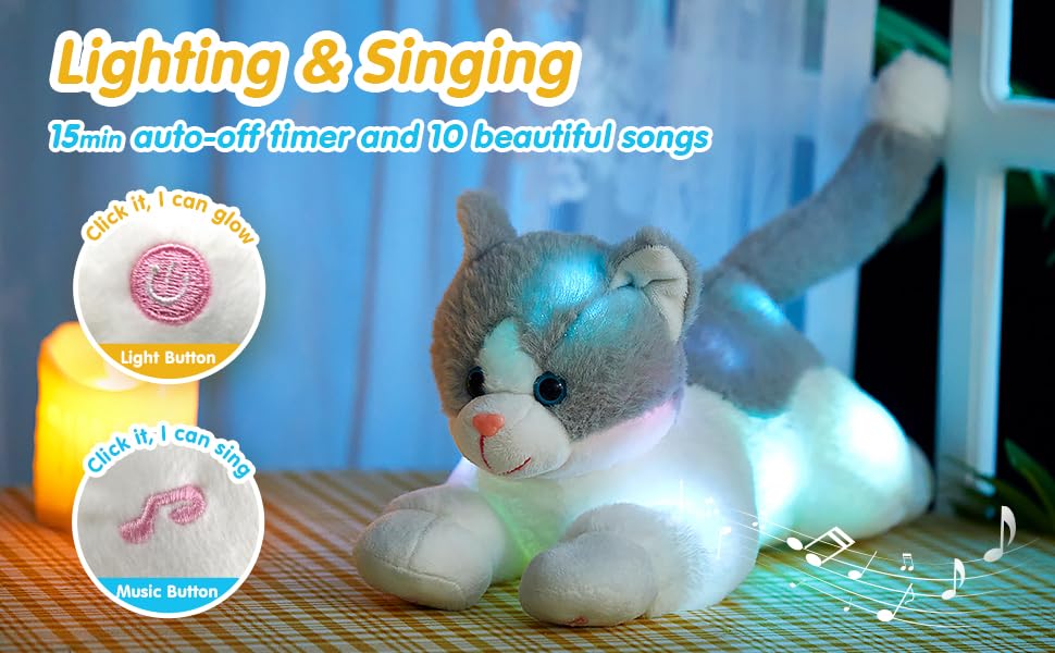 Houwsbaby 15-inch Gray LED Musical Cat Plush – Light-Up Singing Kitty Toy for Kids